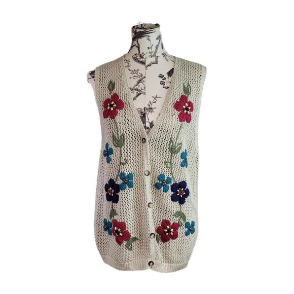 Jantzen Sweaters - Vintage Jantzen Classics Size L Boho Oatmeal Crochet Knit Beaded Sweater Vest